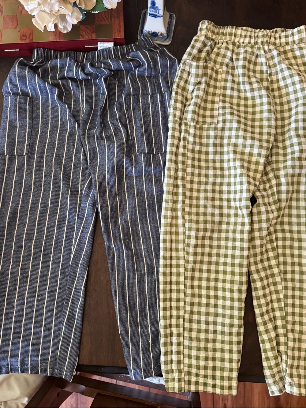 SHEIN Navy Pinstripe Pants & SHEIN Green Gingham Pants - Kids Bottoms